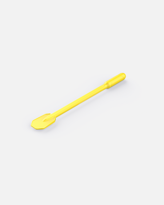 Bright yellow plastic snow shovel with ergonomic grip, side view, Y Series design