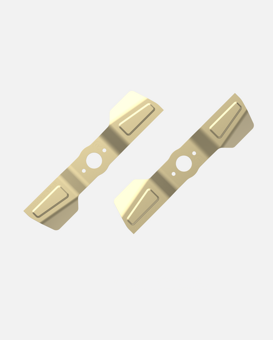 Straight metal lawn mower blades with bolt holes, Y Series, shown in pair on white background