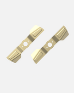 Straight metal lawn mower blades with bolt holes, Y Series, shown in pair on white background