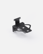 Black metal back brace mount with angular cutouts and mounting holes, side view, Y Series design