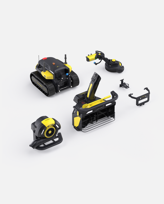 Black and yellow robotic lawn mower with snow blower, blower, and trimmer attachments by Yarbo, shown in overhead product layout