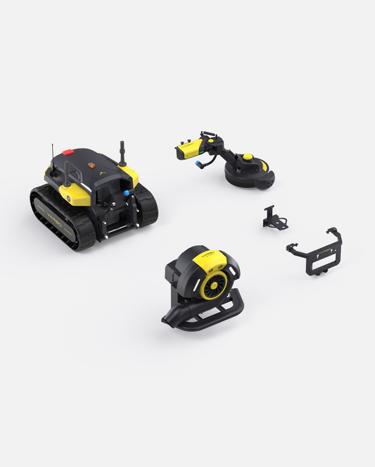 Black and yellow robotic lawn mower with blower and trimmer attachments by Yarbo, shown in overhead product layout.