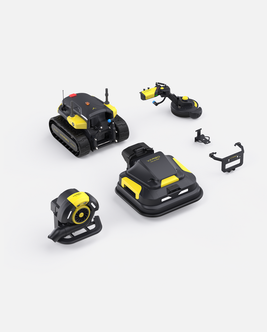 Black and yellow robotic lawn mower, blower, and trimmer package by Yarbo, shown with attachments in overhead view