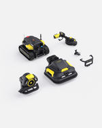 Black and yellow robotic lawn mower, blower, and trimmer package by Yarbo, shown with attachments in overhead view
