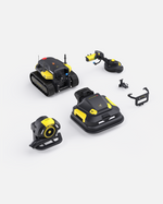 Black and yellow robotic lawn mower, blower, and trimmer package by Yarbo, shown with attachments in overhead view